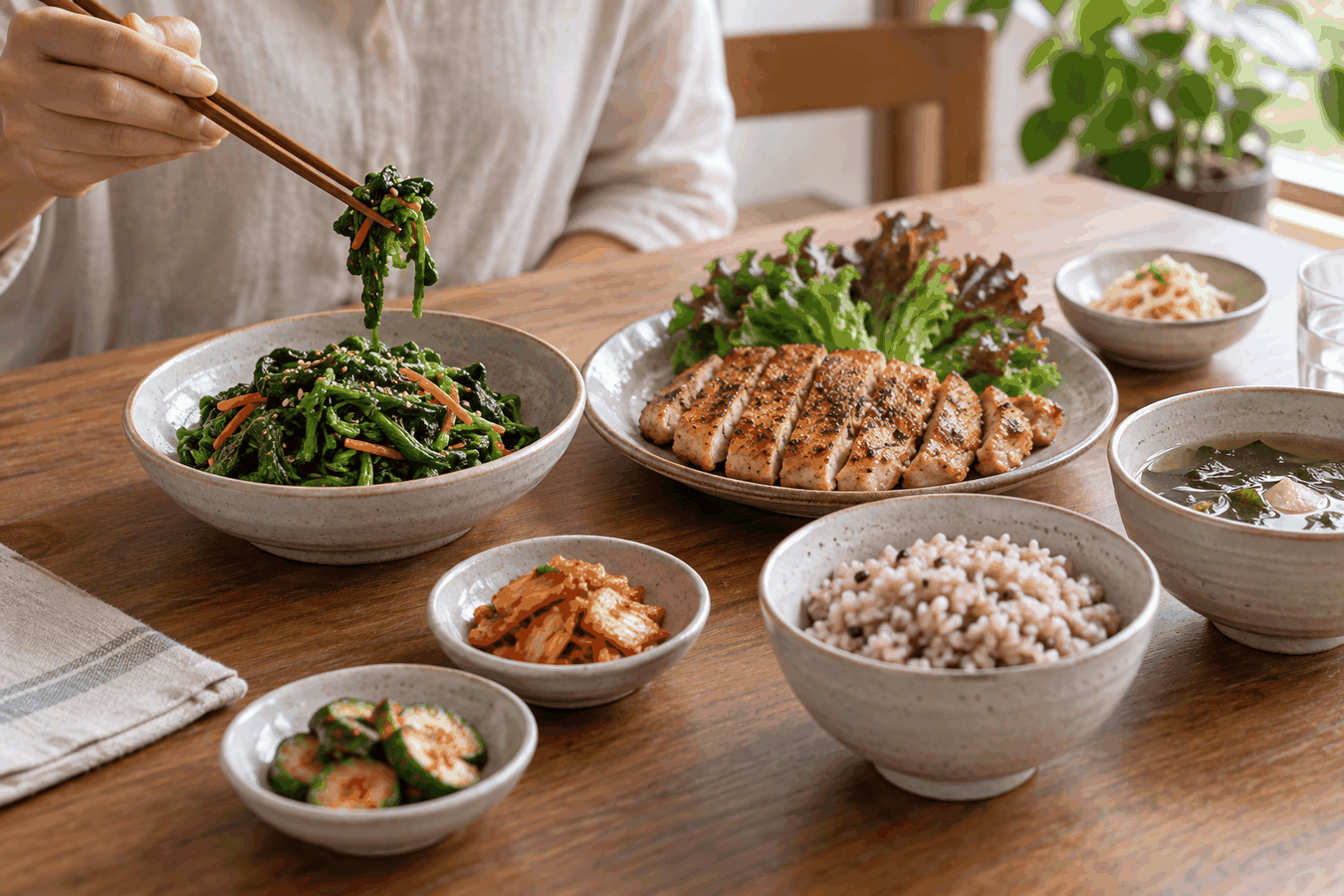 채소와 단백질, 잡곡밥으로 구성한 식사를 순서대로 먹는 모습