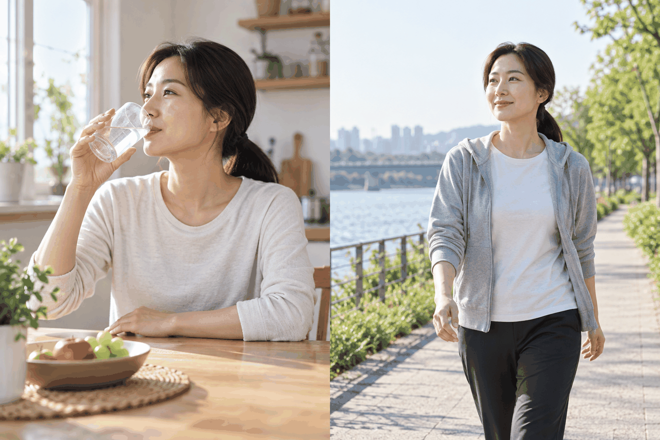 물을 마시고 산책하며 다이어트 중 배변 리듬을 관리하는 모습