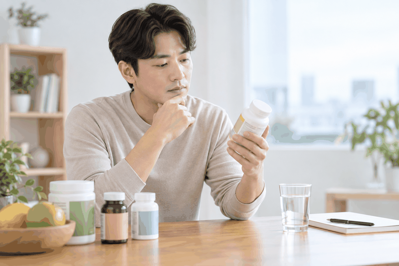 다이어트 보조제의 뒷면 표시사항을 꼼꼼히 확인하는 모습