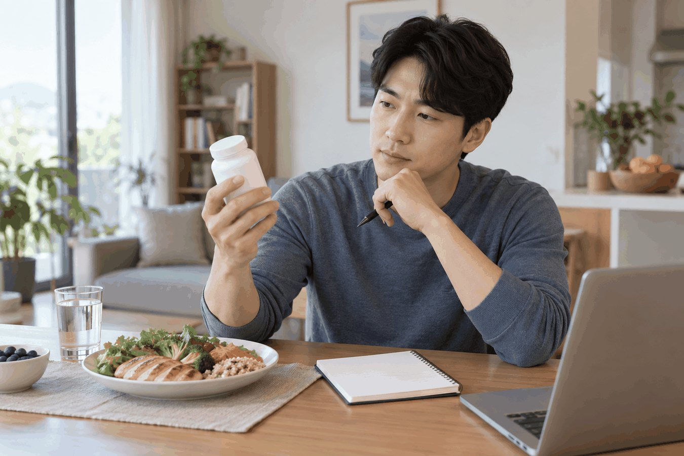 보조제와 균형 잡힌 식사를 함께 비교하며 계획하는 모습