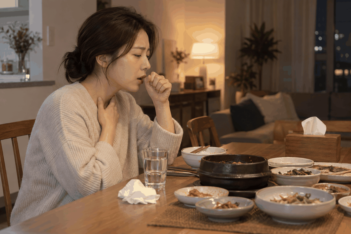 저녁 식사 뒤 목이 간질거려 가볍게 마른기침을 하는 모습