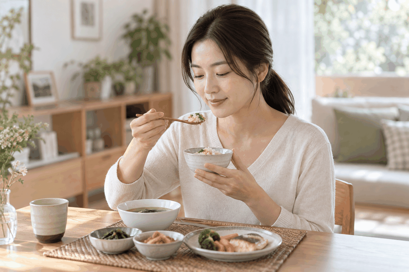 부드러운 식사를 작은 양으로 천천히 먹는 여성