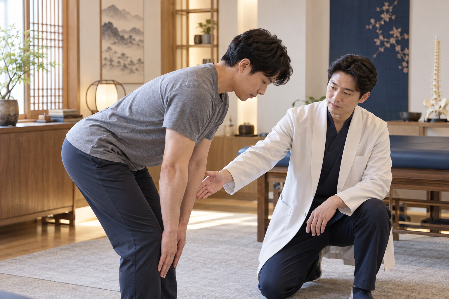 한의사가 환자의 허리 움직임과 자세를 확인하는 모습