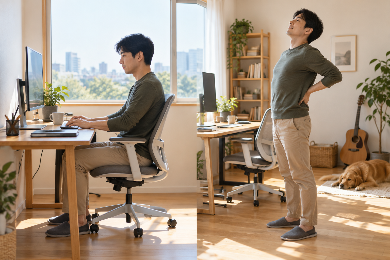 오래 앉은 뒤 자세를 바로잡고 잠시 일어나는 직장인