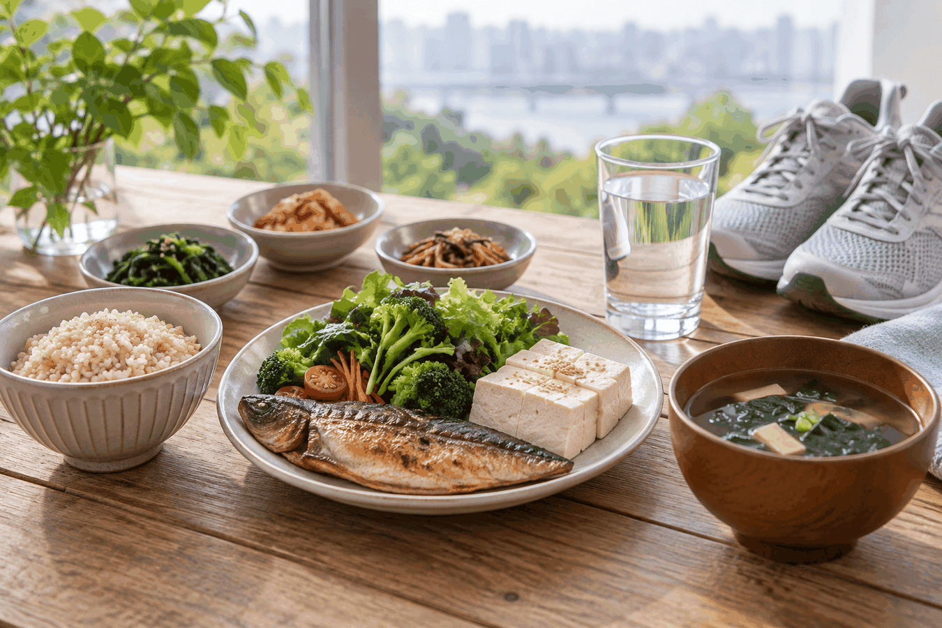 생선과 두부, 채소, 적당한 밥과 걷기 운동화를 함께 준비한 모습