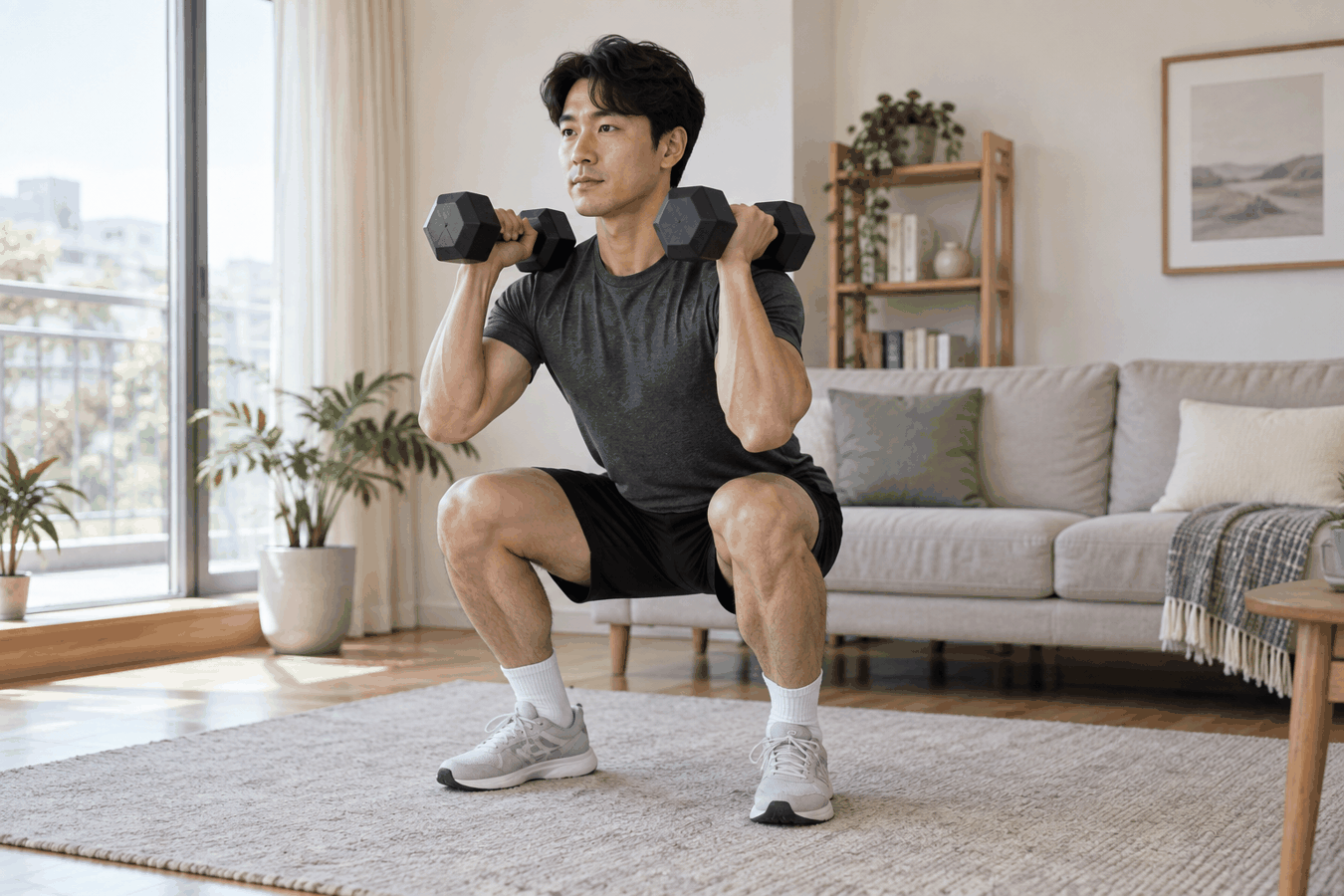 집에서 아령을 들고 스쿼트를 하는 성인 남성