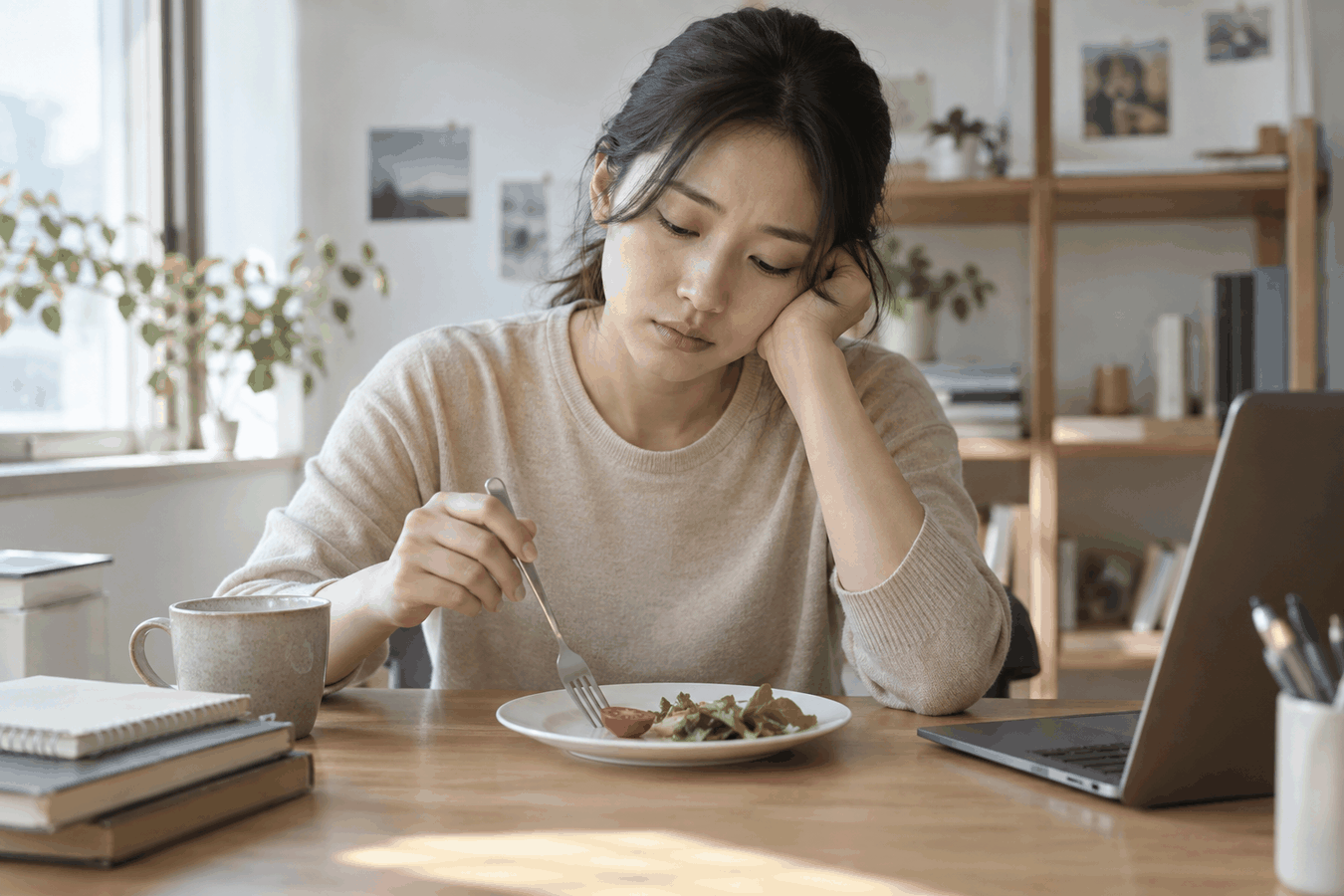 다이어트 중 지나치게 적은 식사로 피로를 느끼는 여성