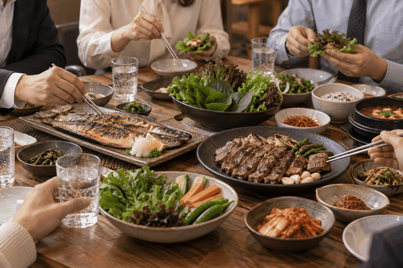 채소와 생선, 구이와 물을 중심으로 구성한 직장인 회식 식탁