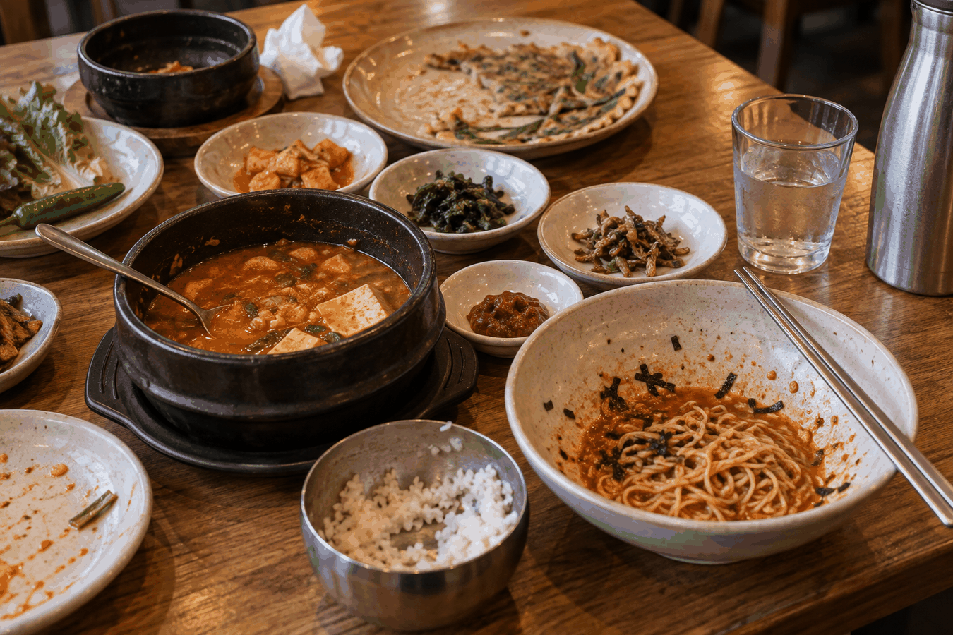 국물과 면, 반찬이 놓인 염분 많은 외식 식탁