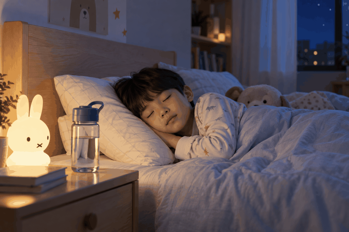 침대 옆 물병과 함께 편안히 잠든 아이의 모습