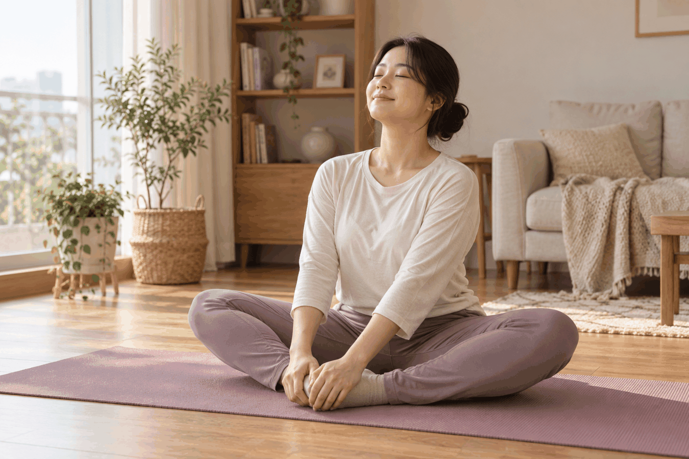 집에서 편안한 복장으로 가벼운 호흡과 스트레칭을 하는 산후 여성
