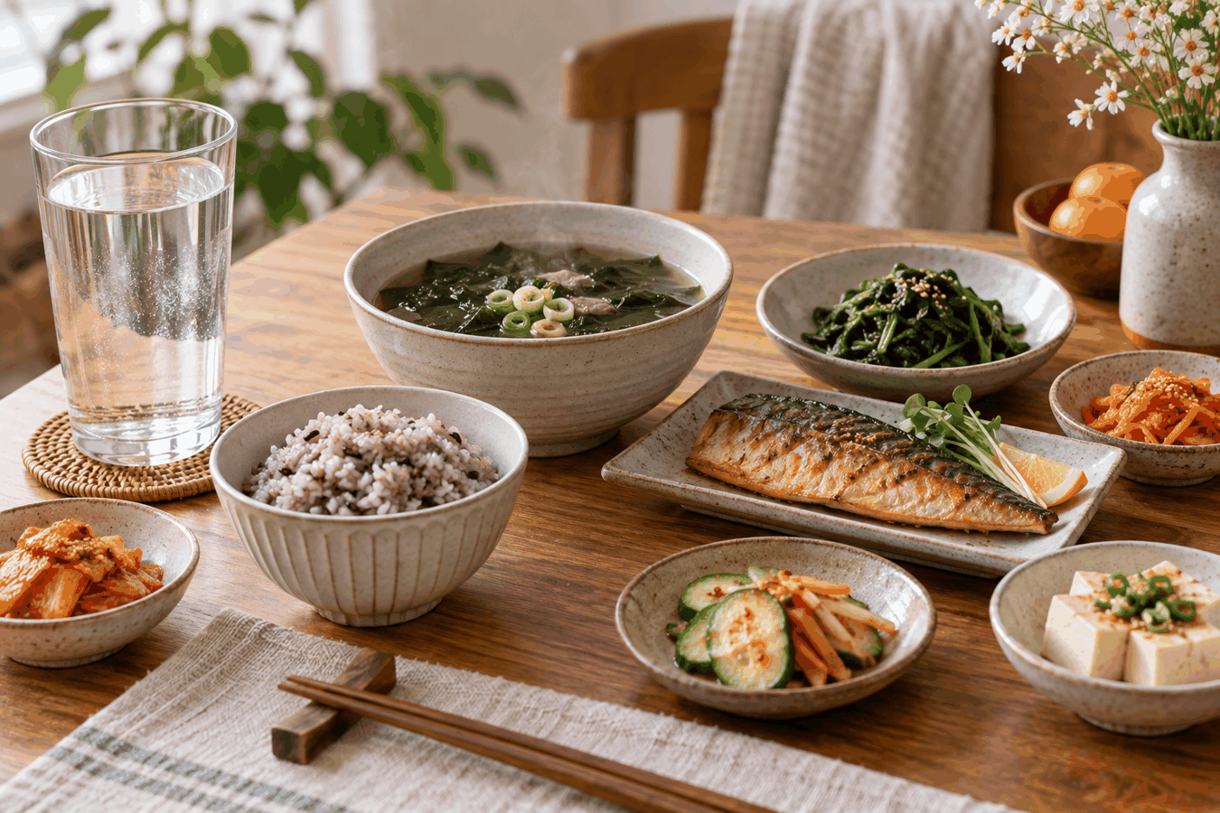 국과 밥, 생선, 두부와 채소, 물로 구성한 산후 식사