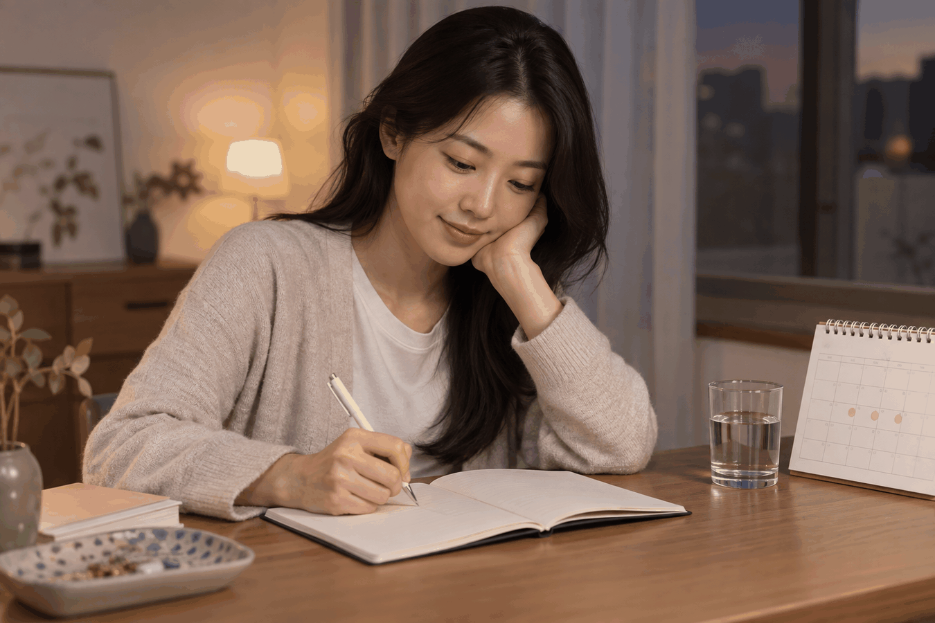 달력과 수첩에 생리 주기와 두통, 수면, 감정 변화를 기록하는 모습