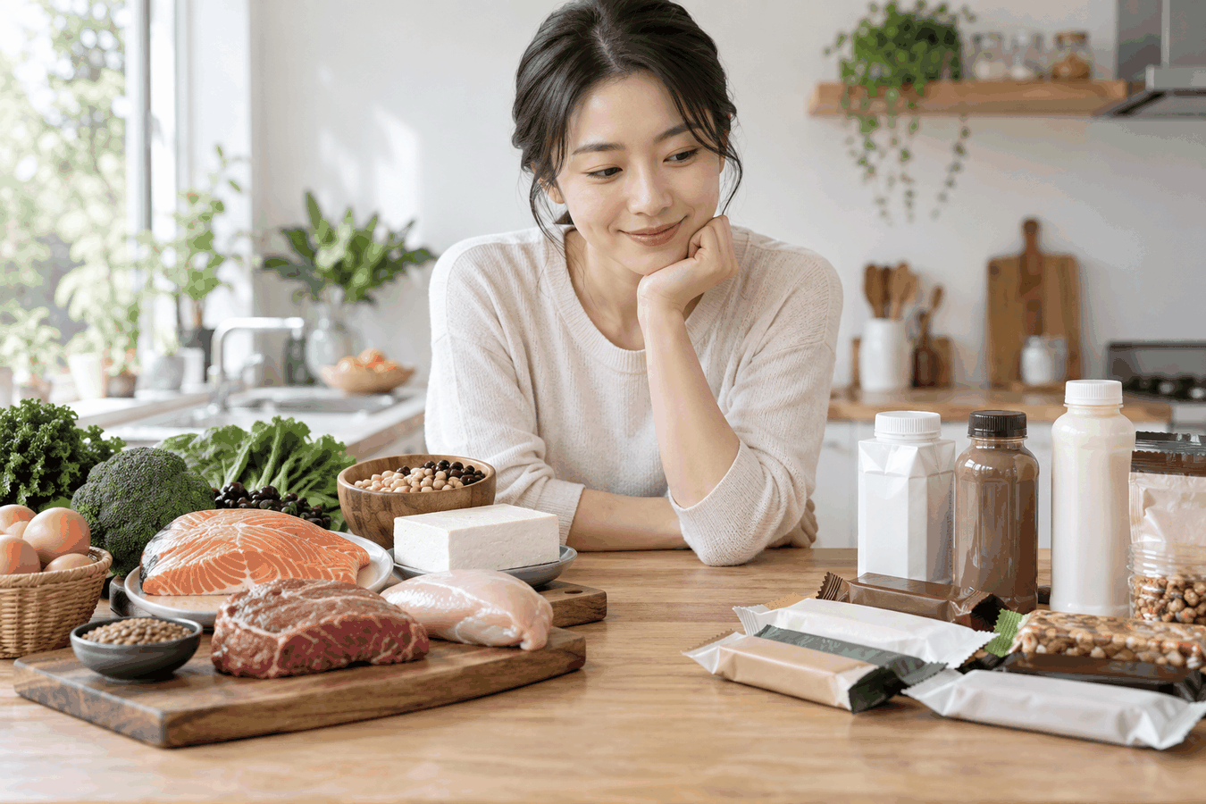 자연식 단백질 식품과 포장된 단백질 제품을 비교하는 여성