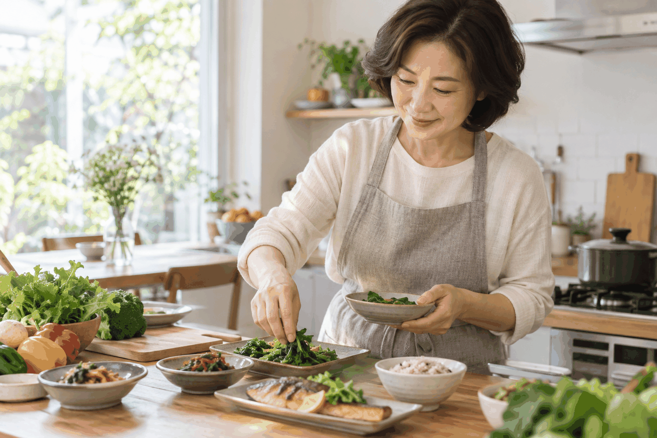 50대 여성이 채소와 생선, 적당한 밥으로 식사를 준비하는 모습